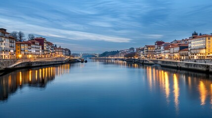 Obraz premium A panoramic view of Porto, Portugal at dusk, showcasing the citys colorful buildings, the Douro River, and a bridge in the distance