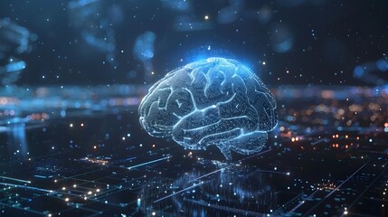 Depicts a human brain on a technology background, symbolizing artificial intelligence and concepts related to cyberspace.
