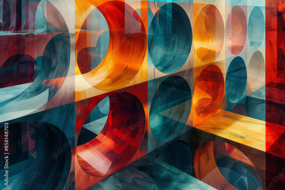 Poster Three-dimensional abstract art featuring blocks, circles, and intersecting squares,