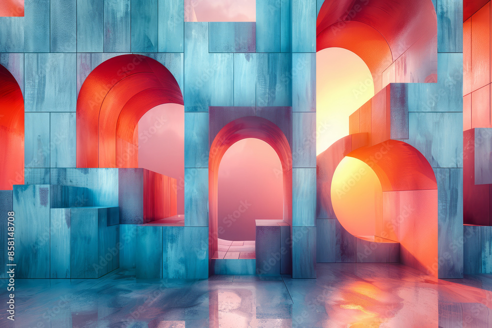 Aufkleber abstract geometric composition with 3d blocks, intersecting circles, and squares,