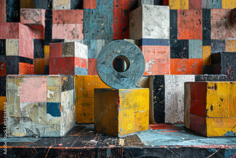 Aufkleber intersecting geometric shapes, including three-dimensional blocks, circles, and squares, in an abstr