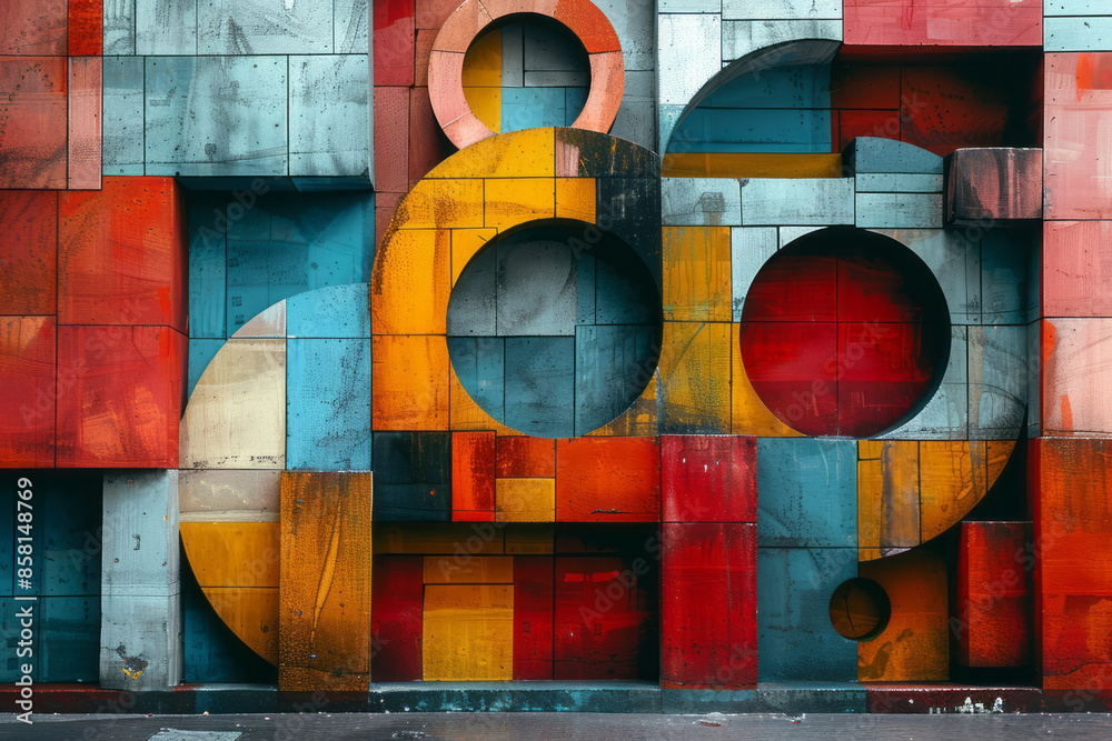 Poster Abstract geometric composition with 3D blocks, intersecting circles, and squares,