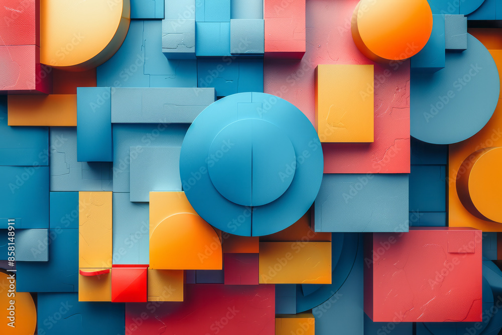 Leinwandbilder abstract design with 3d blocks, circles, and intersecting squares in a geometric composition,