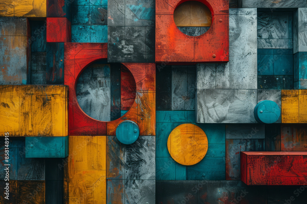Fototapete abstract design with 3d blocks, circles, and intersecting squares in a geometric composition,
