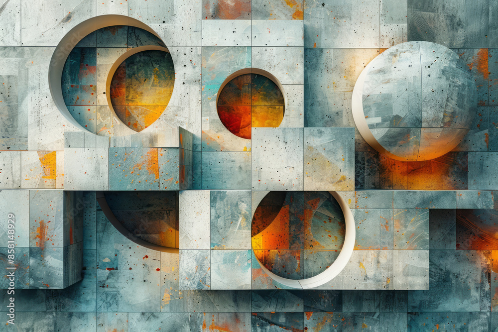 Fototapete abstract design with 3d blocks, circles, and intersecting squares in a geometric composition,
