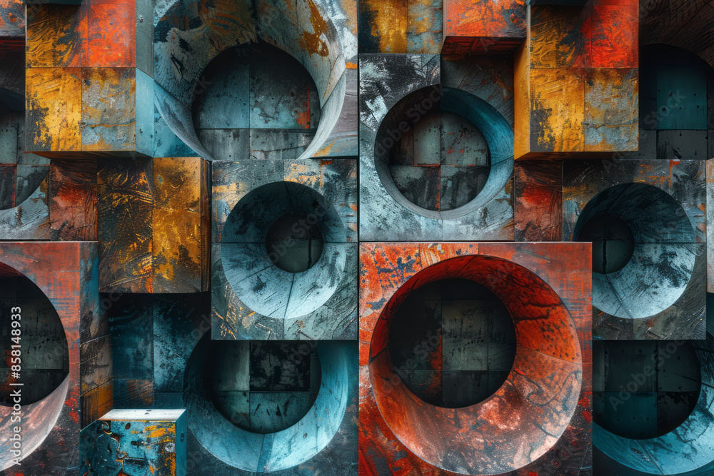 Poster Three-dimensional geometric abstract art with blocks, circles, and intersecting squares,