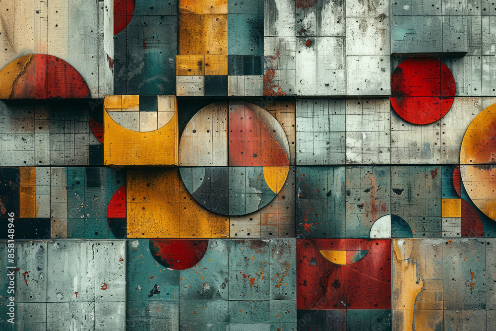 Poster Three-dimensional geometric abstract art with blocks, circles, and intersecting squares,
