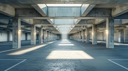 An empty underground parking area with sunlight filtering through skylight portals, illuminating concrete white walls in a modern building.