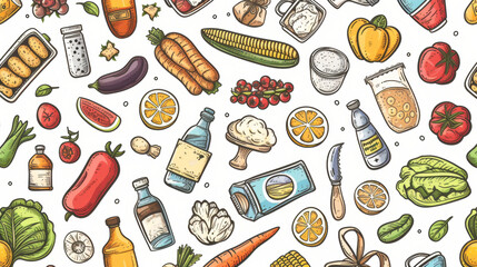 Vector illustration of fresh groceries produce background pattern doodle drawing