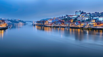 Naklejka premium A panoramic view of Porto, Portugal at dusk, showcasing the citys colorful buildings, the Douro River, and a bridge in the distance