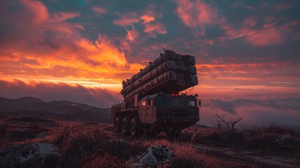 A missile launcher stands poised in a picturesque mountain landscape at dusk, juxtaposing the rugged natural environment with the stark presence of military machinery.