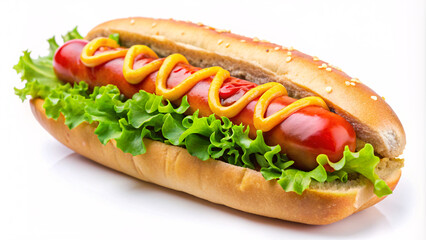 hot dog with mustard and ketchup and salad isolated white background