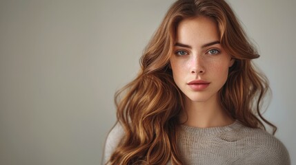 Naklejka premium A young woman with light brown hair and notable freckles gazes directly into the camera, set against a soft background that highlights her natural beauty and calm expression.