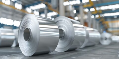 Large Shiny Aluminum or Steel Rolls in a Metallurgical Production Environment. Concept Metallurgical Production, Aluminum Rolls, Steel Rolls, Shiny Surfaces, Manufacturing Environment