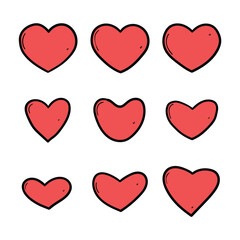 Hand drawn cartoon collection of red hearts on white background.