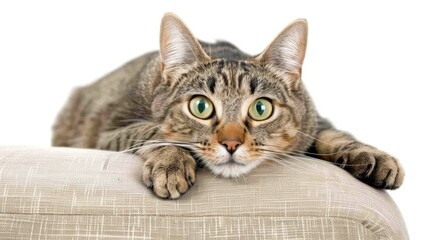 A grey tabby cat with green eyes rests on a rope scratching post