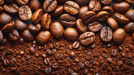 A detailed view of roasted coffee beans lying on a bed of ground coffee, emphasizing the texture and rich tones of the beans. The image conveys warmth and the essence of fresh coffee.