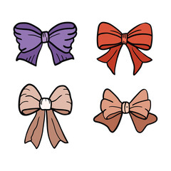 Hand drawn cartoon set of colored bow on white background.