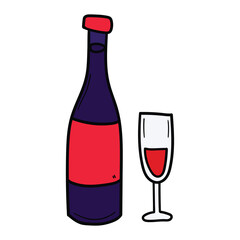 Hand drawn cartoon wine bottle and glass on white background.