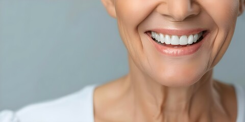 Obraz premium A close-up image of a happy elderly woman smiling with clean teeth. Concept Portrait, Elderly, Smiling, Happy, Dental Health