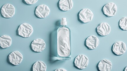 Naklejka premium Cotton pads and bottle on blue background