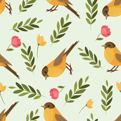 Cute seamless pattern with birds, green branches and flowers. For wrapping paper, children's clothes, bed linen. Vector illustration.