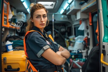Empowered paramedic with crossed arms inside ambulance, ready for emergencies