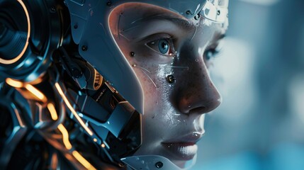 Fototapeta premium Features a close-up of a humanoid robot face against a futuristic modern tech background, symbolizing chatbot assistance and auto conversation in AI technology.