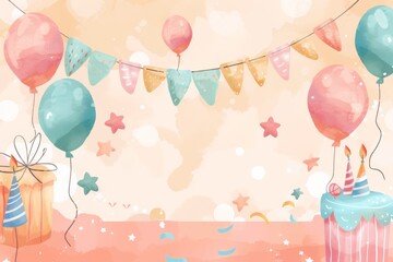 Colorful birthday party scene with balloons, flags, cake, and gift on a pastel background. Perfect for celebrations and invitations.