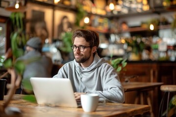 Obraz premium Man in glasses working on laptop with cup of coffee on table. Modern coffee shop with wooden tables. Concept: digital nomad, remote work, work and life balance, freelancing