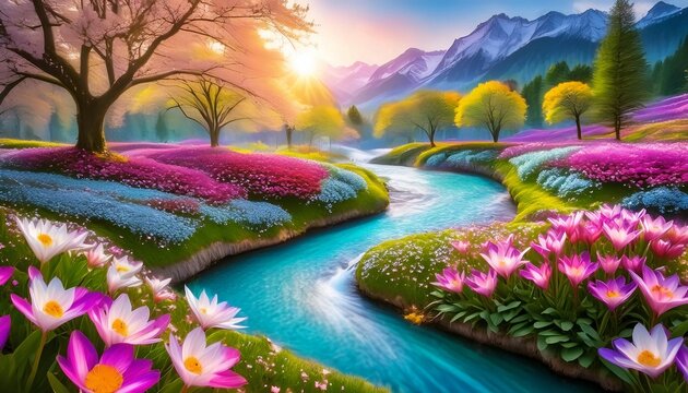 a beautiful paradise land full of flowers, trees and pure water streams; fantastic aerial view; natural background for relaxation with amazing views
