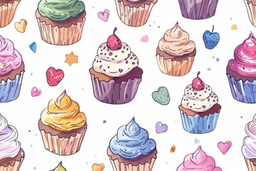 Seamless pattern of colorful cupcakes topped with cherries and sprinkles, accompanied by hearts and stars on a white background.