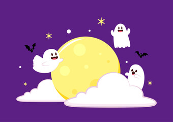 Halloween banner. Vector Halloween background with illustration of flying bats over moon. Yellow moon.