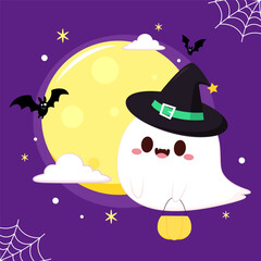 Naklejka premium Cute ghost floating with Halloween pumpkin basket for Trick or Treat. Funny spooky boo character. Spook phantom with happy smiling face expression. Isolated kids flat vector illustration.