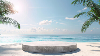 Fototapeta premium Beach podium summer background sand product 3D sea display platform. Beach podium summer banner stand scene sale sky holiday vacation stage water island sun travel pedestal promotion presentation ad