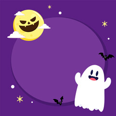 Cute ghost floating with Halloween pumpkin basket for Trick or Treat. Funny spooky boo character. Spook phantom with happy smiling face expression. Isolated kids flat vector illustration.