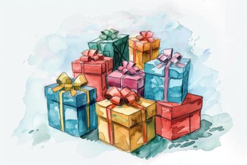 Fototapeta premium Watercolor illustration of colorful gift boxes with ribbons and bows, perfect for celebrations, holidays, and special occasions.
