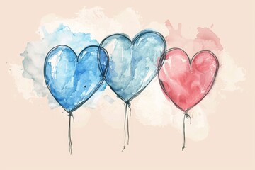 Watercolor painting of three heart-shaped balloons, two blue and one pink, against an abstract background. Perfect for romantic or celebratory themes.