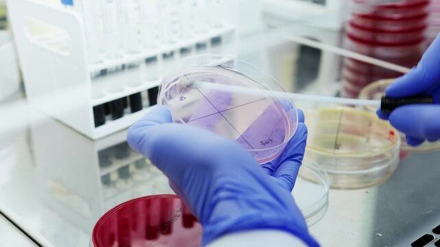 This video captures a detailed view of a laboratory procedure involving the use of a Petri dish. A scientist wearing blue gloves is seen using a swab to streak a sample onto the agar medium in the Pet
