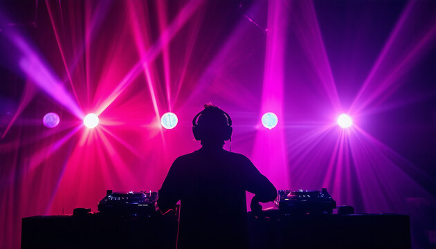 silhouette of a person performing in a dj booth in front of a light and laser show in the concert area
