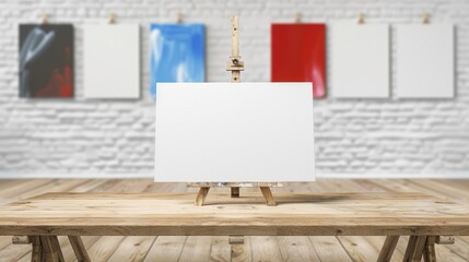 A blank canvas on a wooden easel sits on a wooden table, surrounded by potted plants and a white brick wall in the background