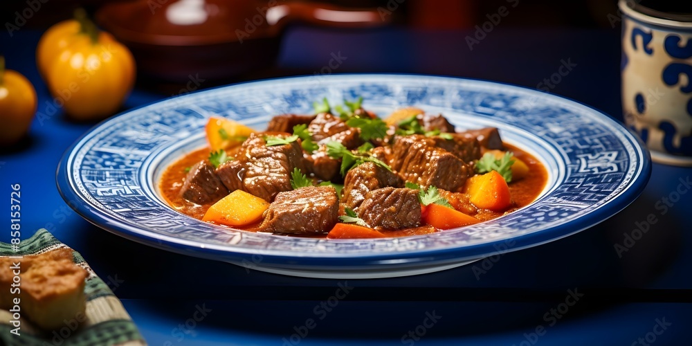 Sticker French veal stew on a blue plate with an abstract design. Concept French Cuisine, Veal Stew, Gourmet Meal, Food Photography, Abstract Tableware - Stickers