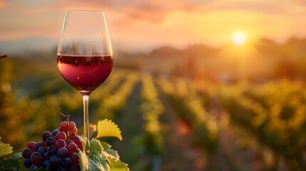 A glass of red wine set against the backdrop of a vineyard at golden hour, with the focus on the rich color of the wine and the light reflecting off its surface.