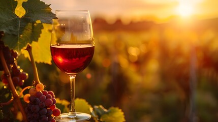 A glass of red wine set against the backdrop of a vineyard at golden hour, with the focus on the rich color of the wine and the light reflecting off its surface.