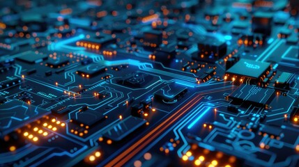 Obraz premium High-tech blue circuit backdrop with 3D-rendered chips and digital pathways, emphasizing technology and innovation