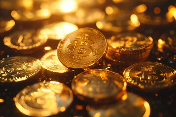 A heap of golden bitcoins forming a stack, with each bitcoin shining brightly and reflecting light in a captivating manner.