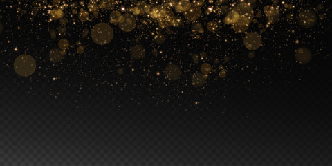 A luminous bokeh that gently shimmers with golden light. Light abstract glowing lights. Glowing bokeh effect isolated on dark background. Christmas background made of glowing dust.	