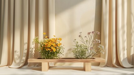 Fototapeta premium A minimalist wooden stand positioned in front of pastel yellow and cream curtains, designed for product presentation, with a bouquet of wildflowers at its base.