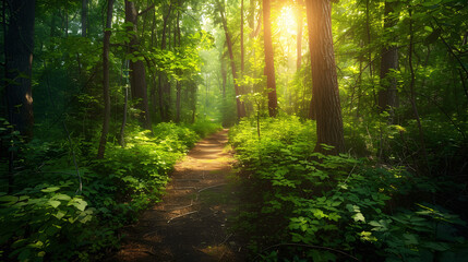 Obraz premium Forest trail with dappled sunlight and green foliage