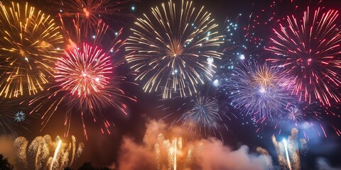 An extravagant show of multicolored fireworks illuminating the night sky, bringing joy and wonder, setting an exhilarating and festive atmosphere. 